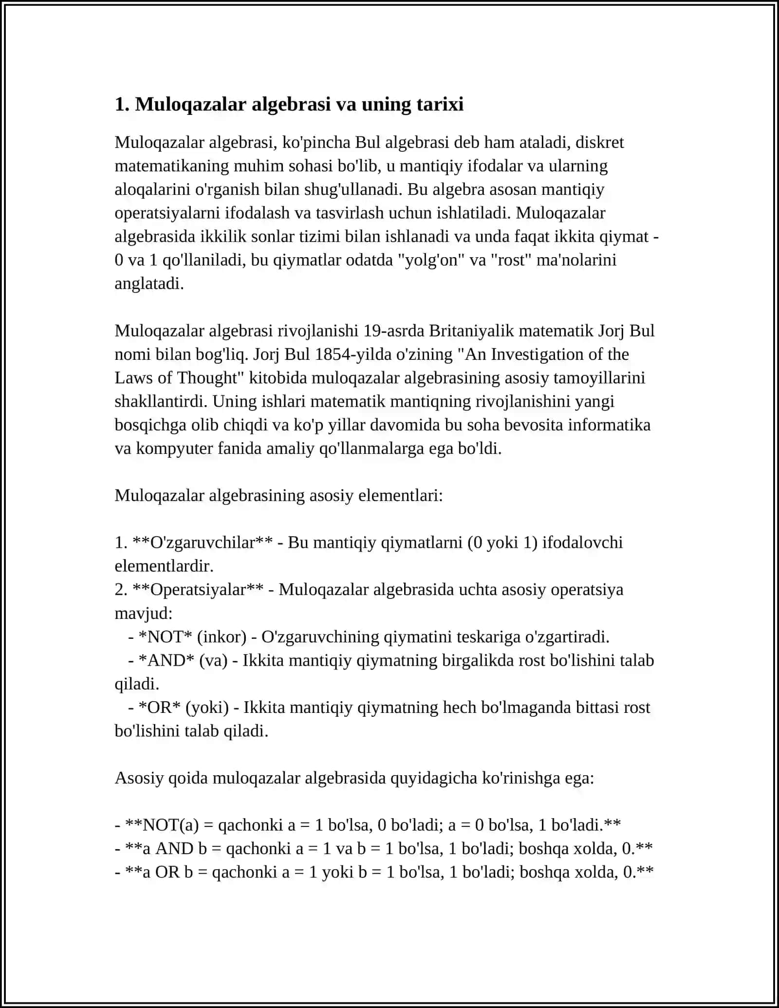 MULOHAZALAR ALGEBRASI FUNKSIYALARI BULL ALGEBRASI 4