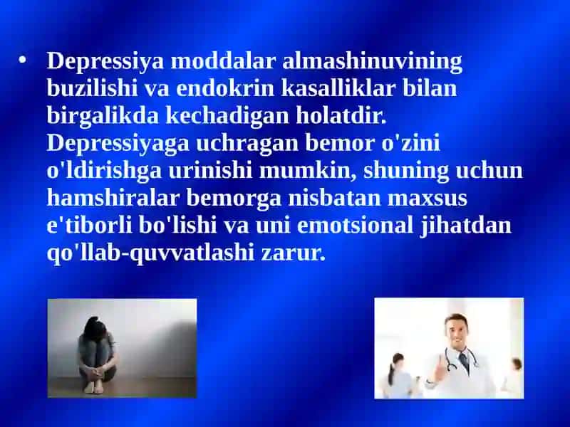 Bemorlarning ruhiy holati depressiya,shok, qo'rqish,cho'chish va suidsidal fikrlash 4