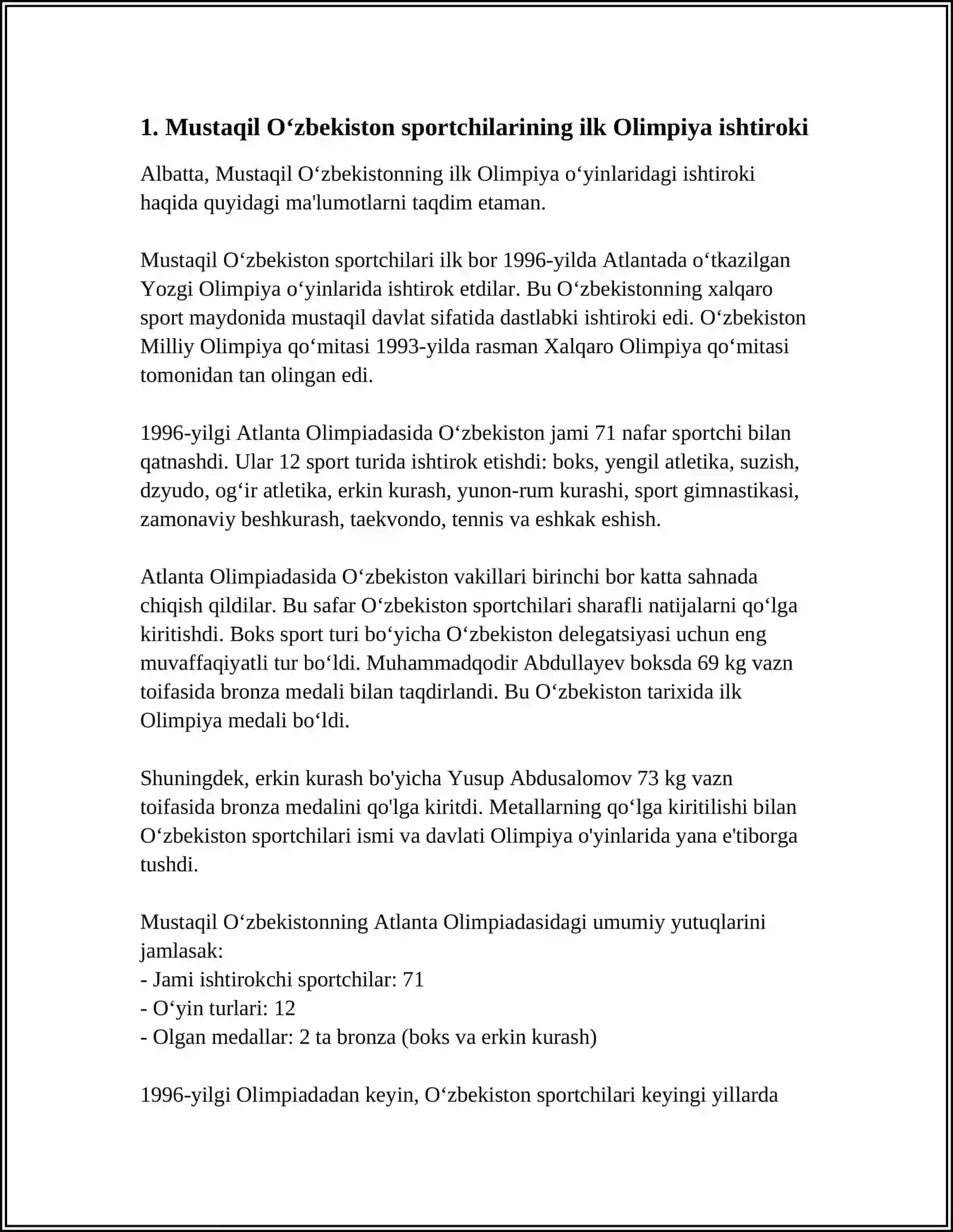 MUSTAQIL OʻZBEKISTON SPORTCHILARINING OLIMPIYA OʻYINLARI DAGI YUTUQLARI 4