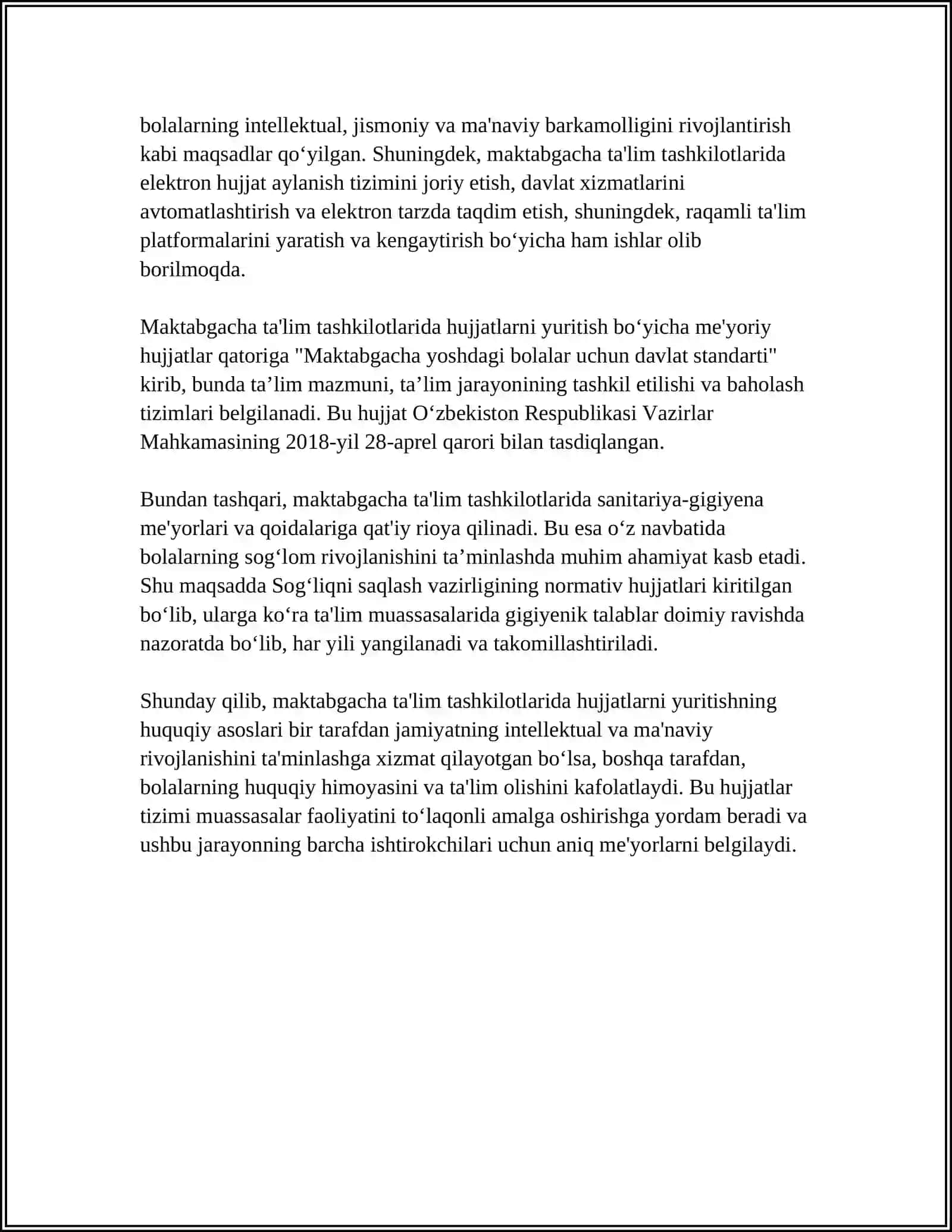 MAKTABGACHA TA‘LIM TASHKILOTLARIDA ISH HUJJATLARINI YURITISHNING ME‘YORIY - HUQUQIY ASOSLARI 4