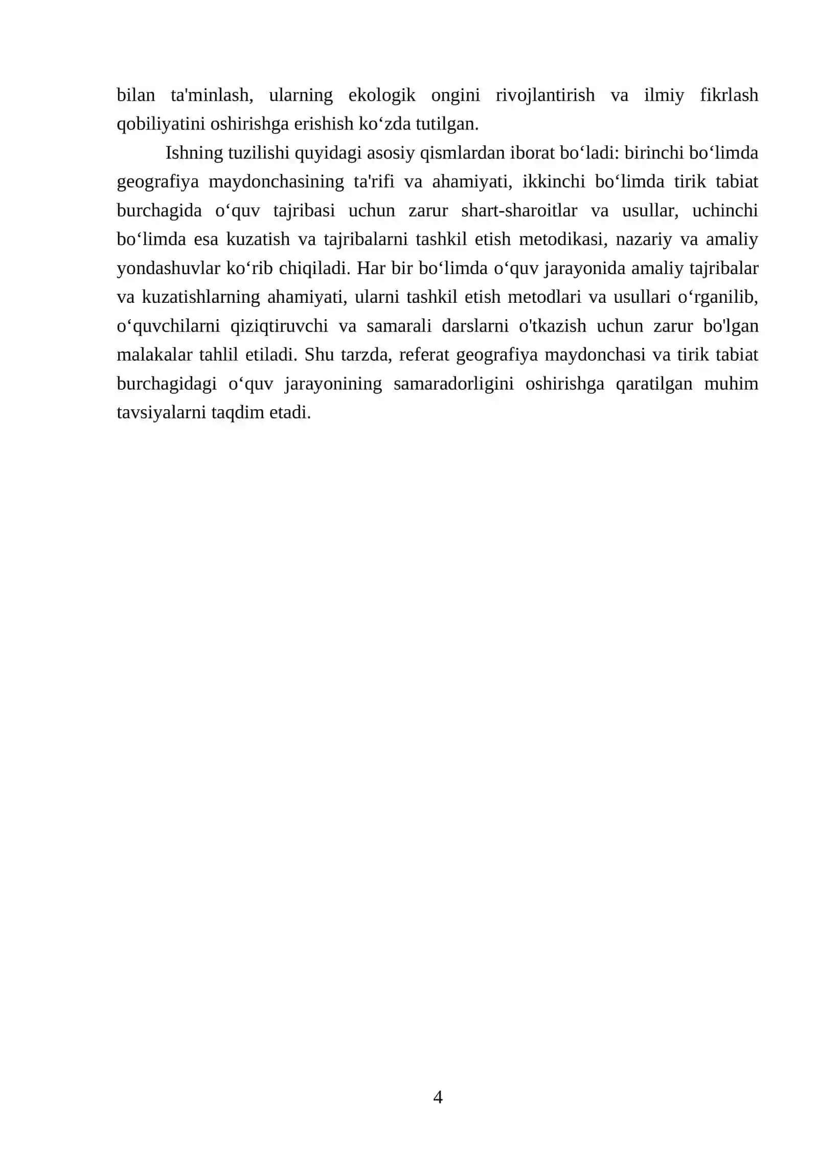 Geografiya maydonchasi, tirik tabiat burchagi, o‘quv tajriba uchastkasida darslarni o‘tkazish metodikasi 4
