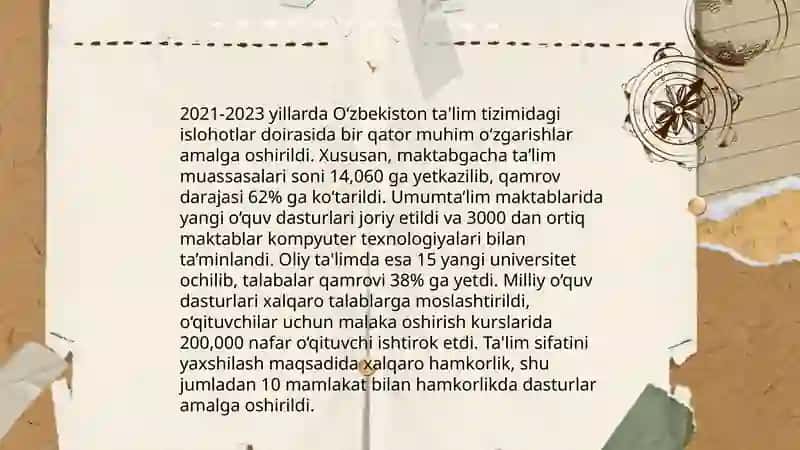Yangi Oʻzbekistonda Prezident Sh.M.Mirziyoyev rahbarligi va tashabbusi ostida amalga oshirilayotgan islohotlar 4