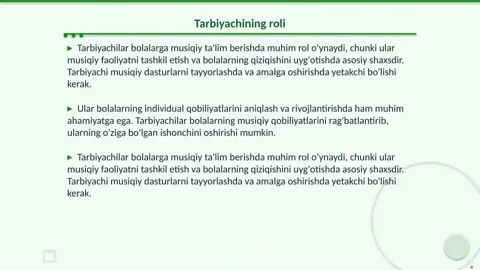 MTTda bolalarga musiqiy taʼlim berishda tarbiyachining faoliyati 4