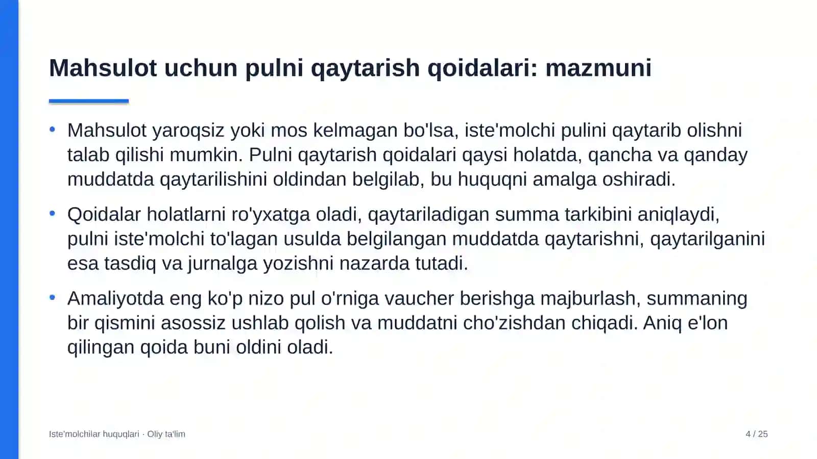 Iste'molchilar huquqlari · Oliy ta'lim 4