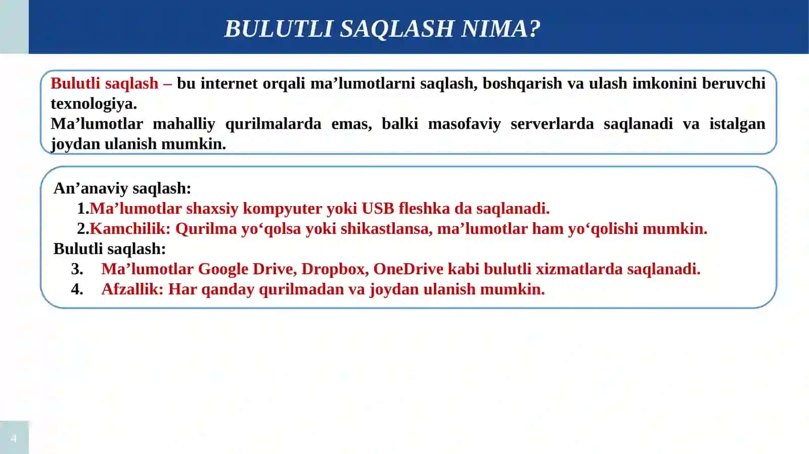 Bulutli saqlash va ma'lumotlarni boshqaruvi 4