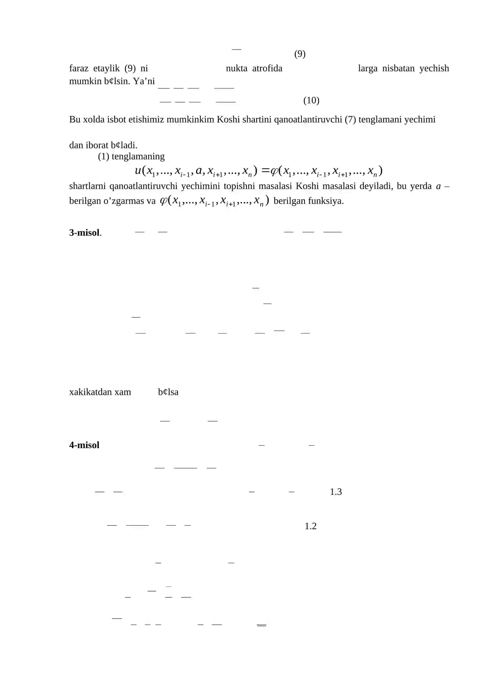 Birinchi tartibli xususiy hosilali chiziqli differenstial tenglamalar haqida tushuncha.Xususiy hosilali kvazichiziqlii differenstial tenglamalarnig xarakteristikalari.Yechim tushunchasi. Koshi masalasi 4