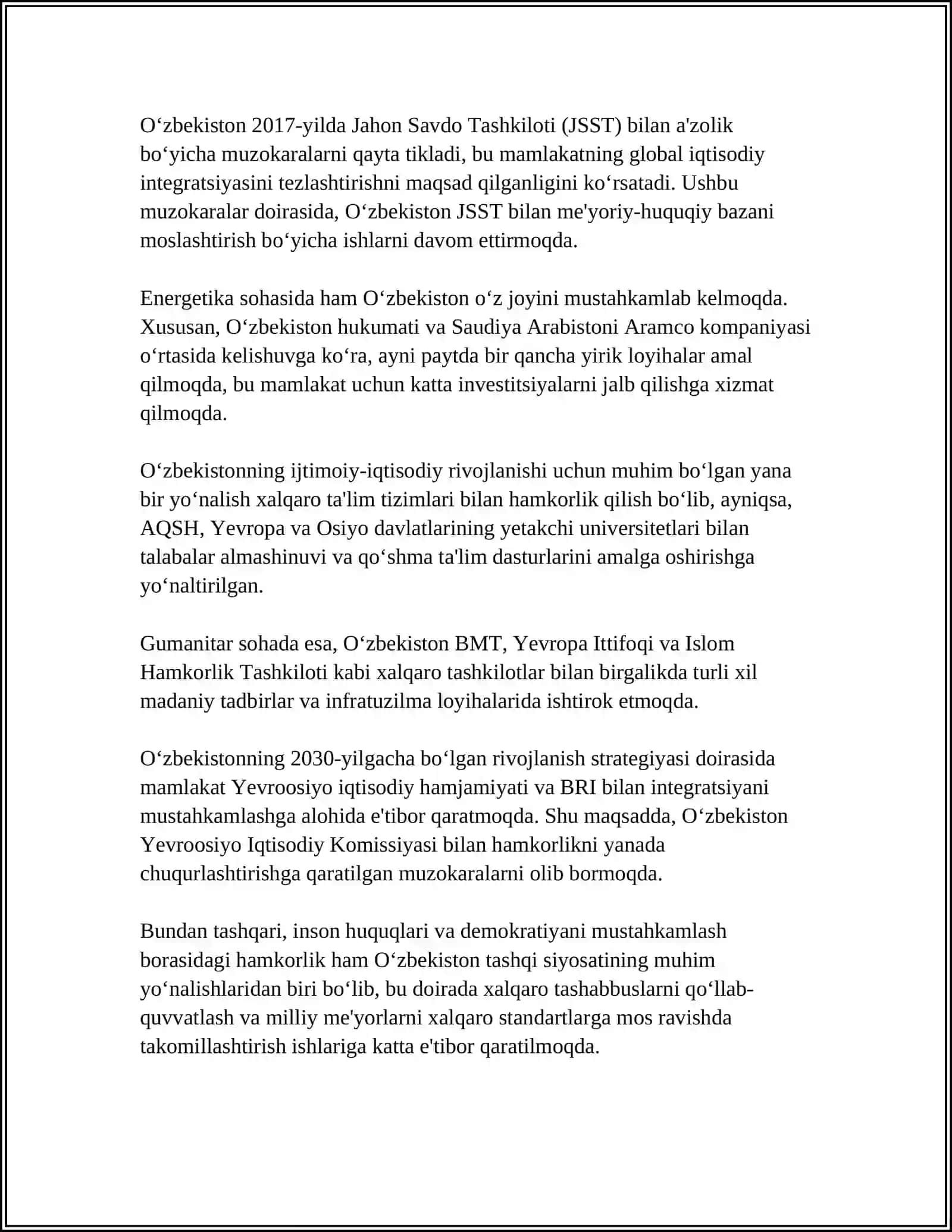 Oʻzbekiston Respublikasi Xalqaro Hamjamiyatning Faol Subyekti 4