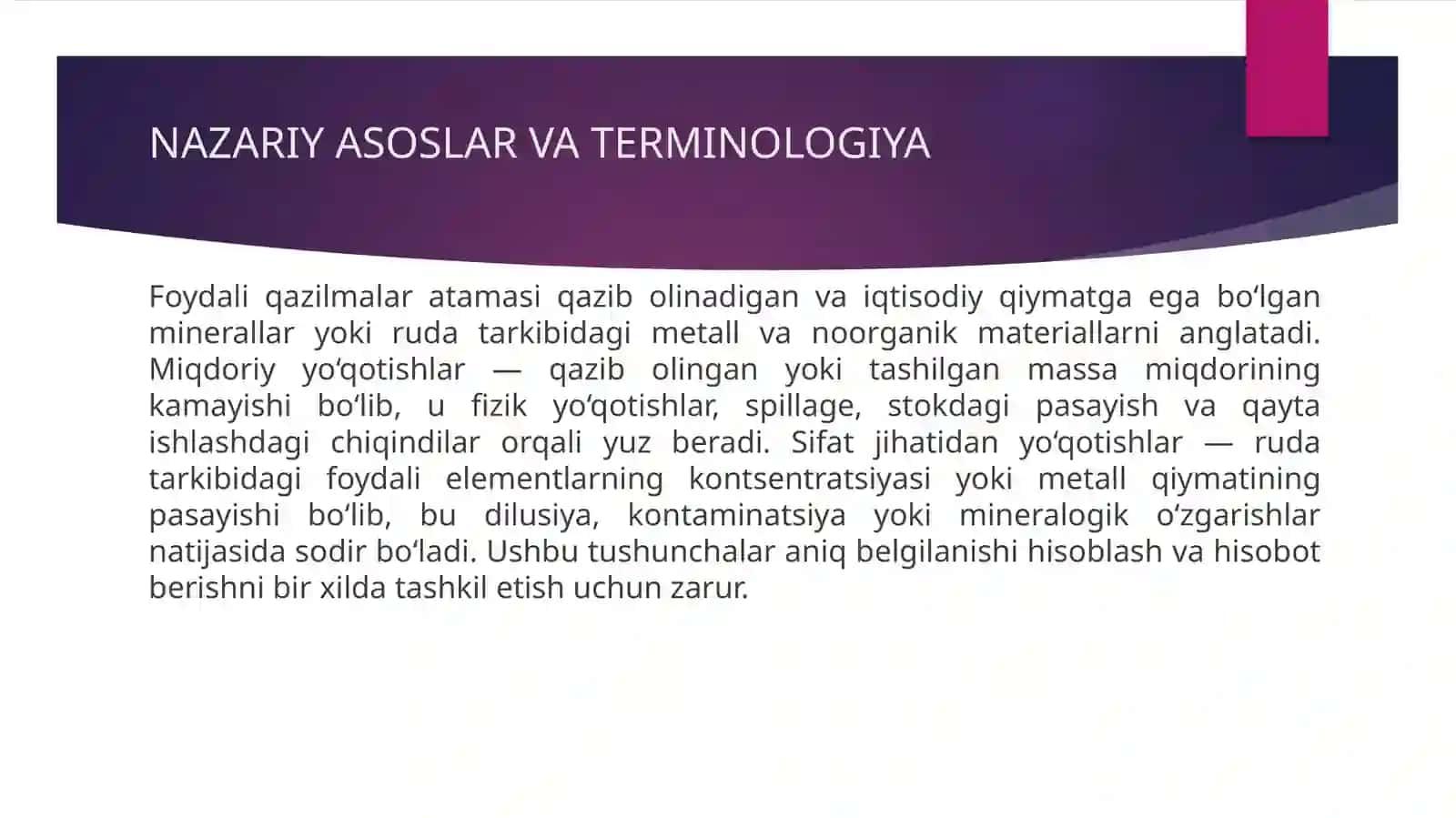 Foydali qazilmalarning miqdor va sifat jihatidan yo'qotilishlarini aniqlash va hisoblash 4