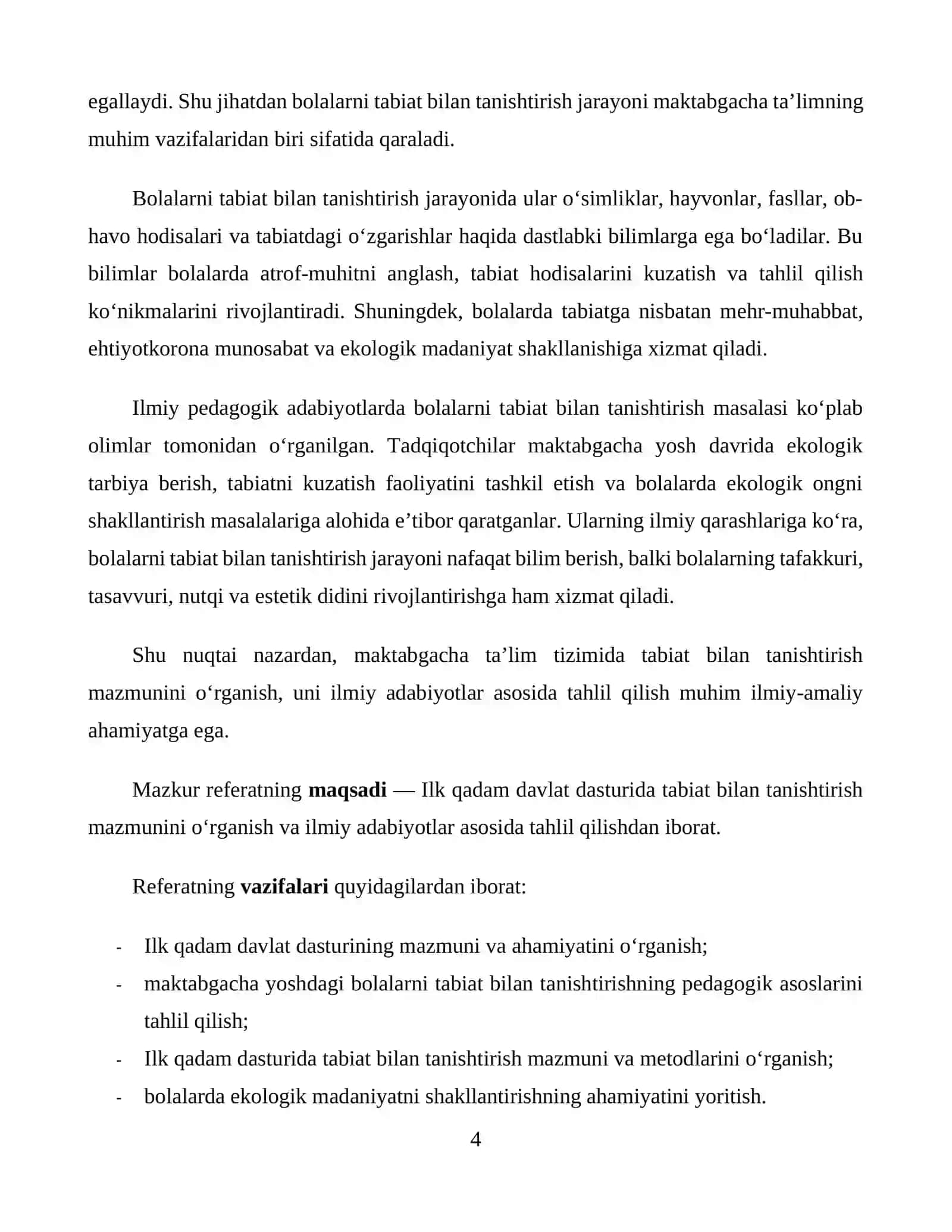 Ilk qadam davlat dasturida tabiat bilan tanishtirish mazmuni 4