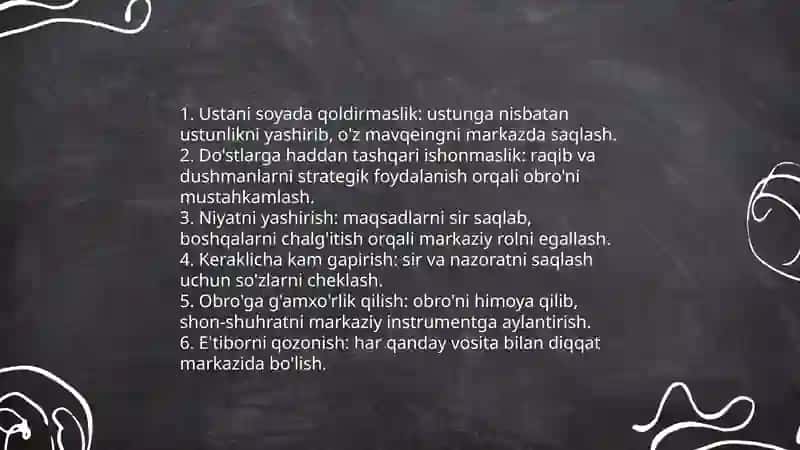 Hokimiyatning 48 qonuni asarida keltirilgan qonunlarning mohiyatini ochib berishga qaratilgan taqdimot tayyorlash 4