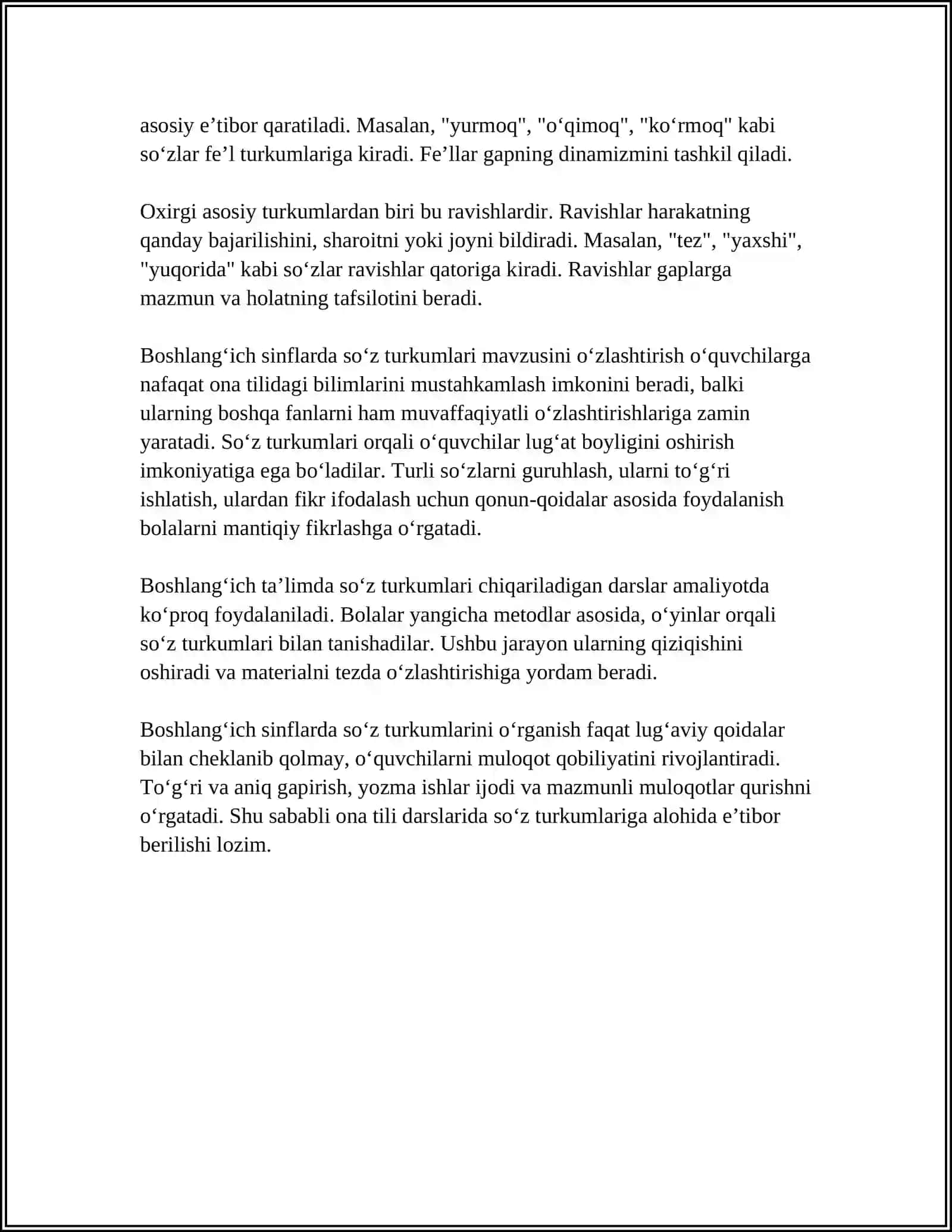 BOSHLANĜICH SINFLARDA SÔZ TURKUMLARINI ÔRGANISHDAGI UZVIYLIK VA UZLUKSIZLIKNINH TAMINLANISHINI TAHLIL QILISH 4