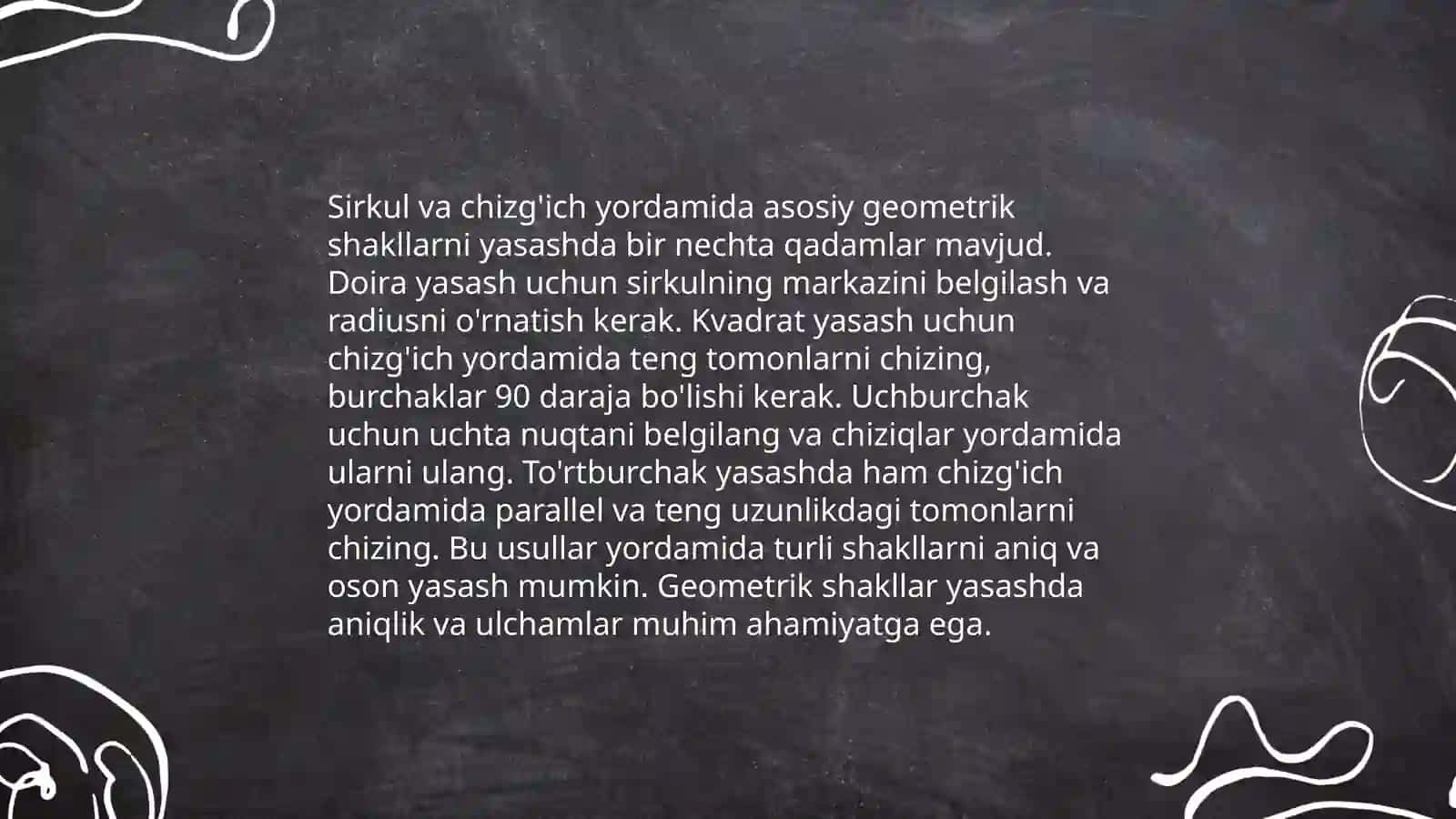 Yasashga doir geometrik masalalar haqida tushuncha. Geometrik figuralarni sirkul va chizig’ining yordamida yasash bosqichlari. Ko‘pyoqlilar. Ko‘pyoqlilar haqida Eyler teoremasi.Prizma, to‘g‘ri burchakli parallelepiped,piramida. Ayla jismlar. Slindr, konus, shar. Fazoviy figuralarni tekislikda tasvirlash 4