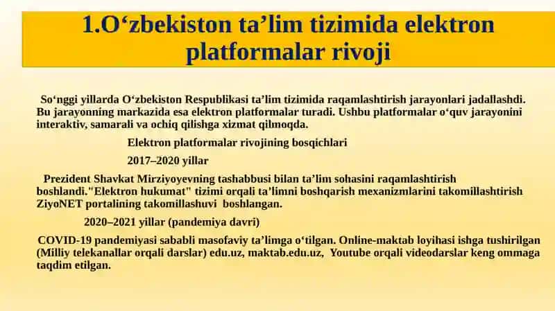 Umumiy o‘rta ta’lim maktablarida o‘quv ishlari bo‘yicha direktor o‘rinbosarlarining ish jarayonida elektron platformalarni joriy etishning zarurati. 4
