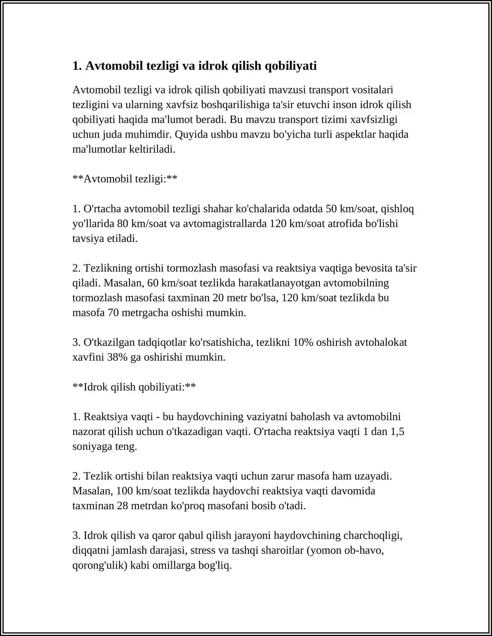 AVTOMOBIL TEZLIGI VA IDROK QILISHINING OʻZARO BOGʻLIQLIGI 4