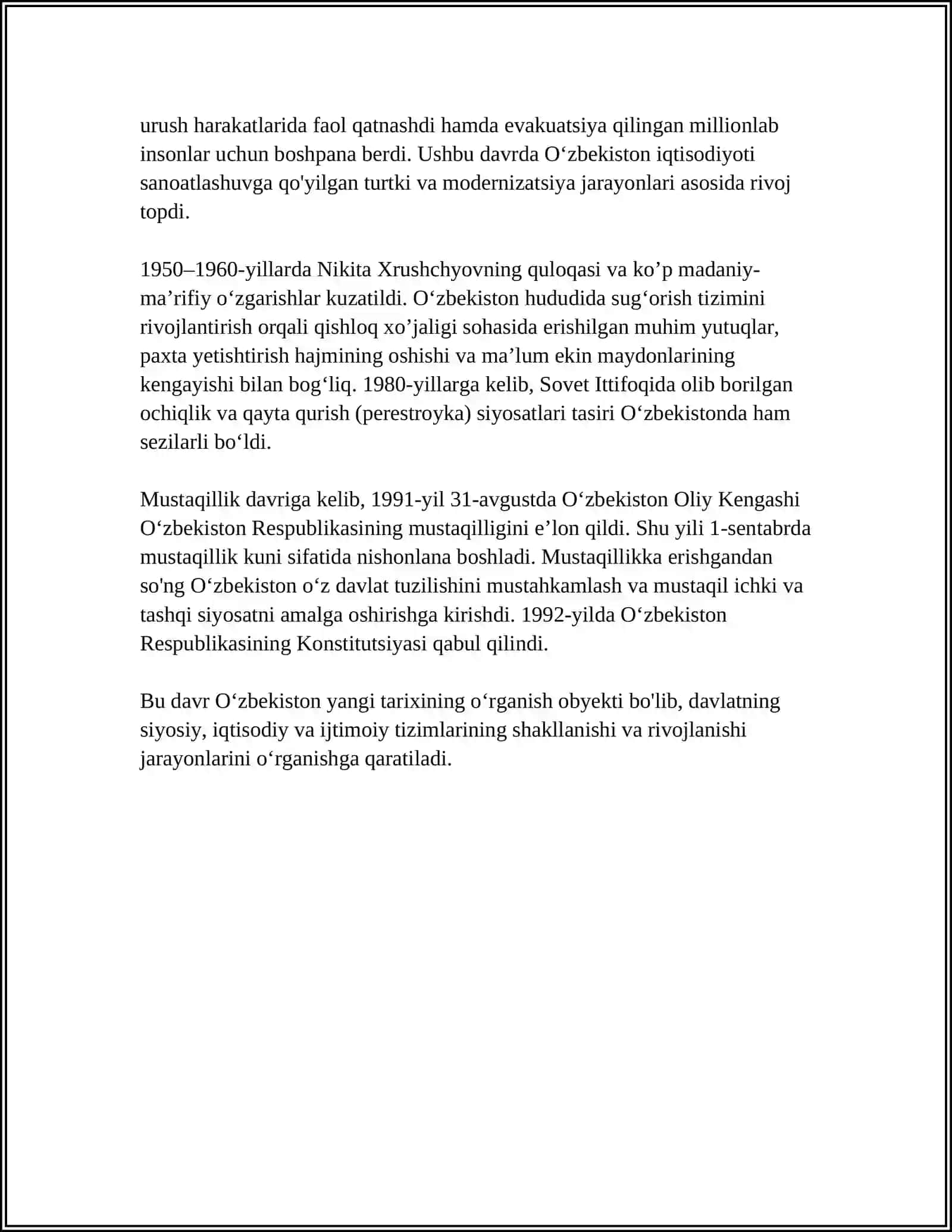 Oʻzbekistonning Eng Yangi Tarixi Oʻquv Fanining Predmeti, Maqsadi va Vazifalari 4