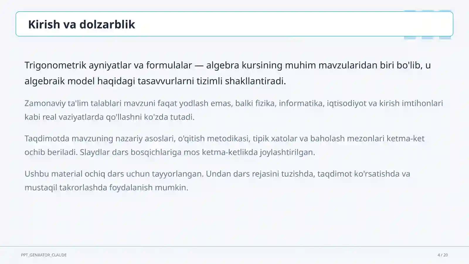 Trigonometrik ayniyatlar va formulalar (10-sinf) 4