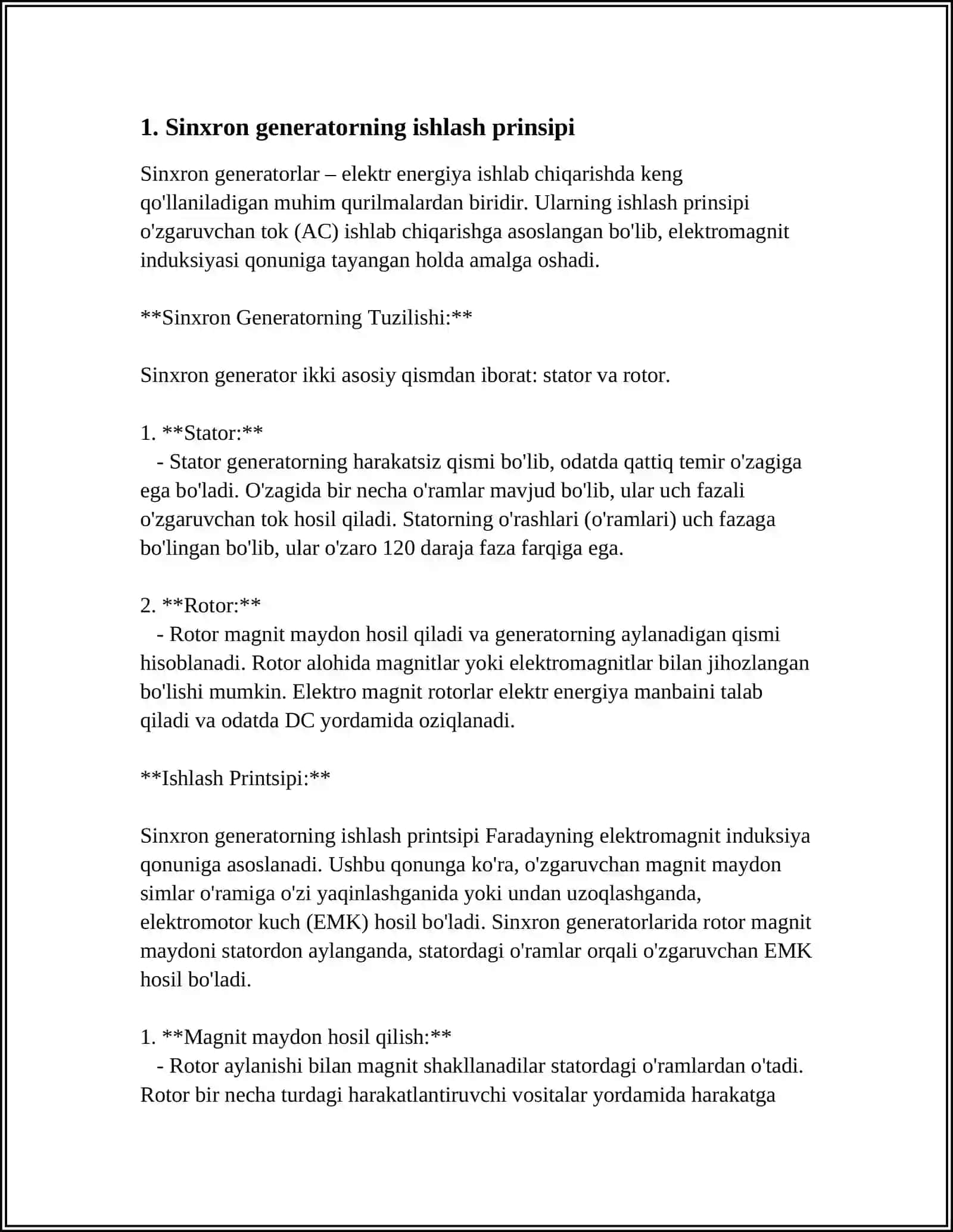SINXRON GENERATORNING ELEKTR TARMOG'I BILAN PARALLEL ISHLASHI.SINXRON MOTORLAR VA KOMPENSATORLAR 4