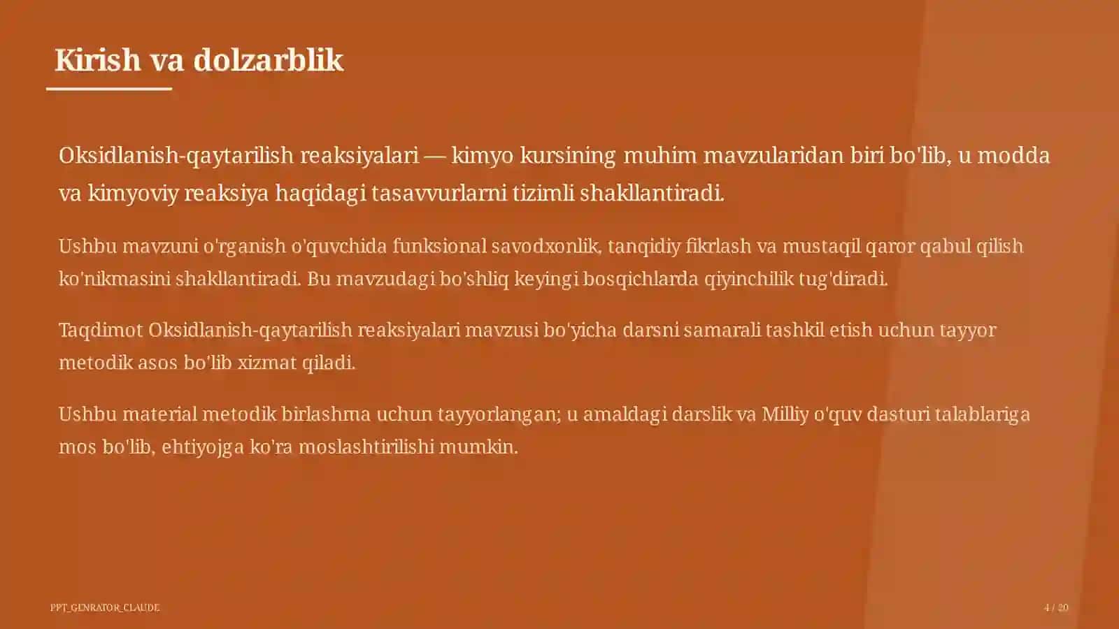 Oksidlanish-qaytarilish reaksiyalari (8-sinf) Kimyo (7– 11) — metodik birlashma uchun 4