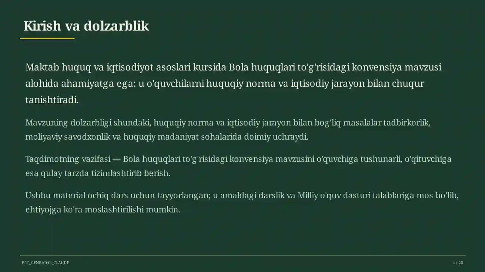 Huquq va iqtisodiyot asoslari (9– 11) — ochiq dars uchun 4