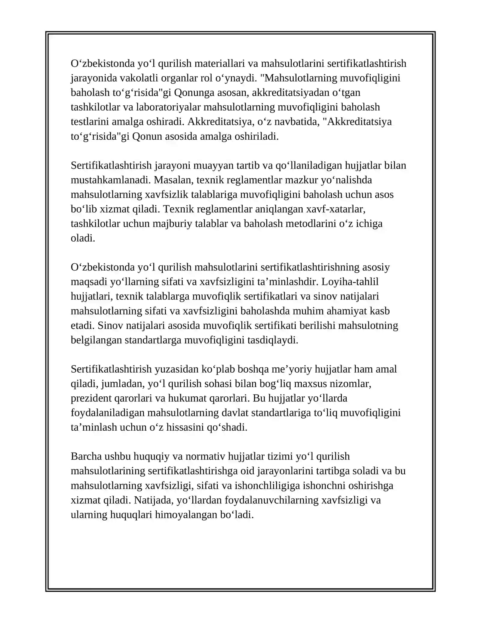 YOʻL QURILISH MAHSULOTLARINI SERTIFIKATLASHTIRISHNING TAMOYILLARI VA ASOSIY MASALARI 4