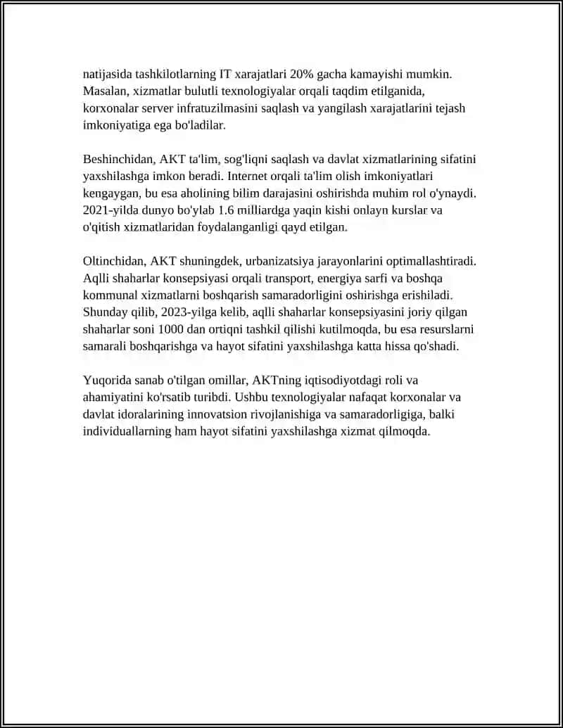REFERAT Mavzu: IQTISODIYOTDA AKTNING INFRATUZILMASI.ZAMONAVIY IKTNING TEXNIK VA DASTURIY TA'MINOTI 4