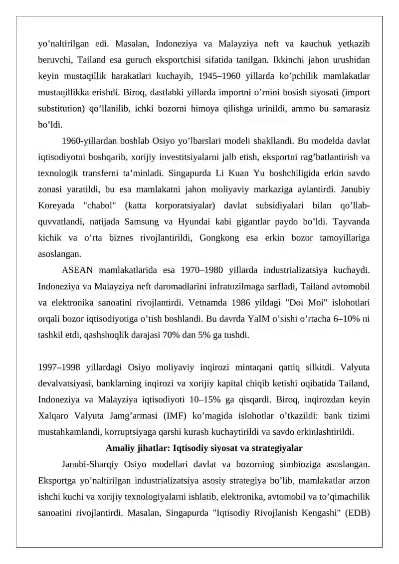 Janubi-Sharqiy Osiyo mamlakatlarining XX–XXI asrlardagi iqtisodiy rivojlanish modeli 4
