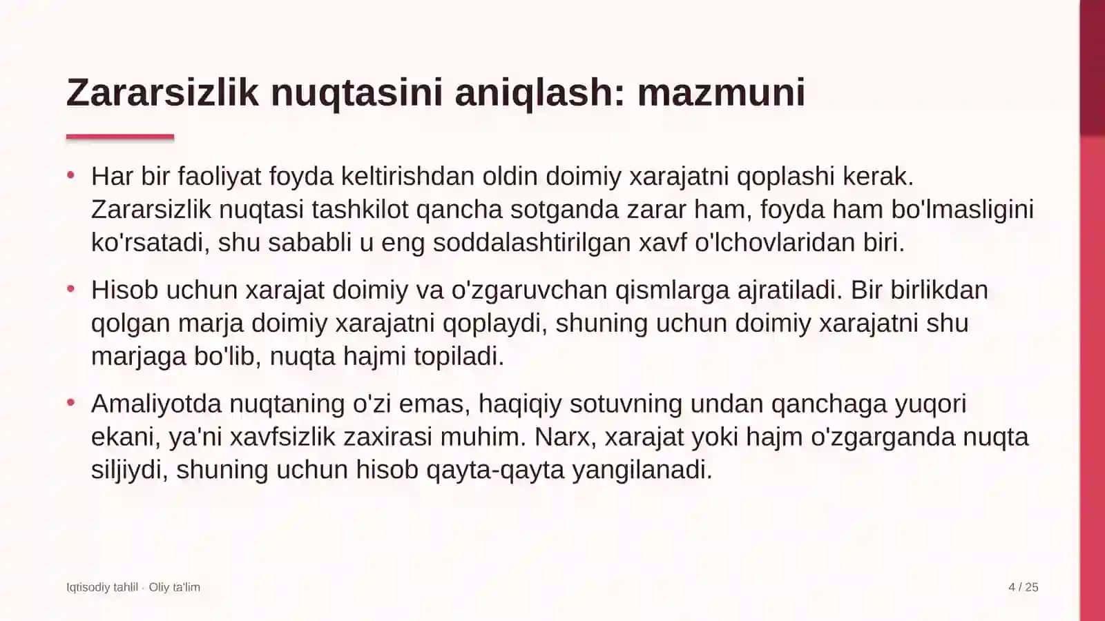 Butik-mehmonxonalarda zararsizlik nuqtasini aniqlash 4