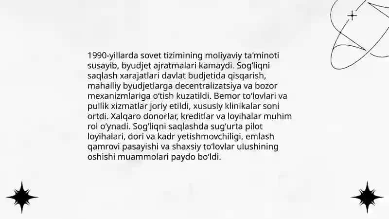 Mustaqillikdan kiyingi davrda sogʻliqni saqlash tizimidagi islohotlar tarixi 4