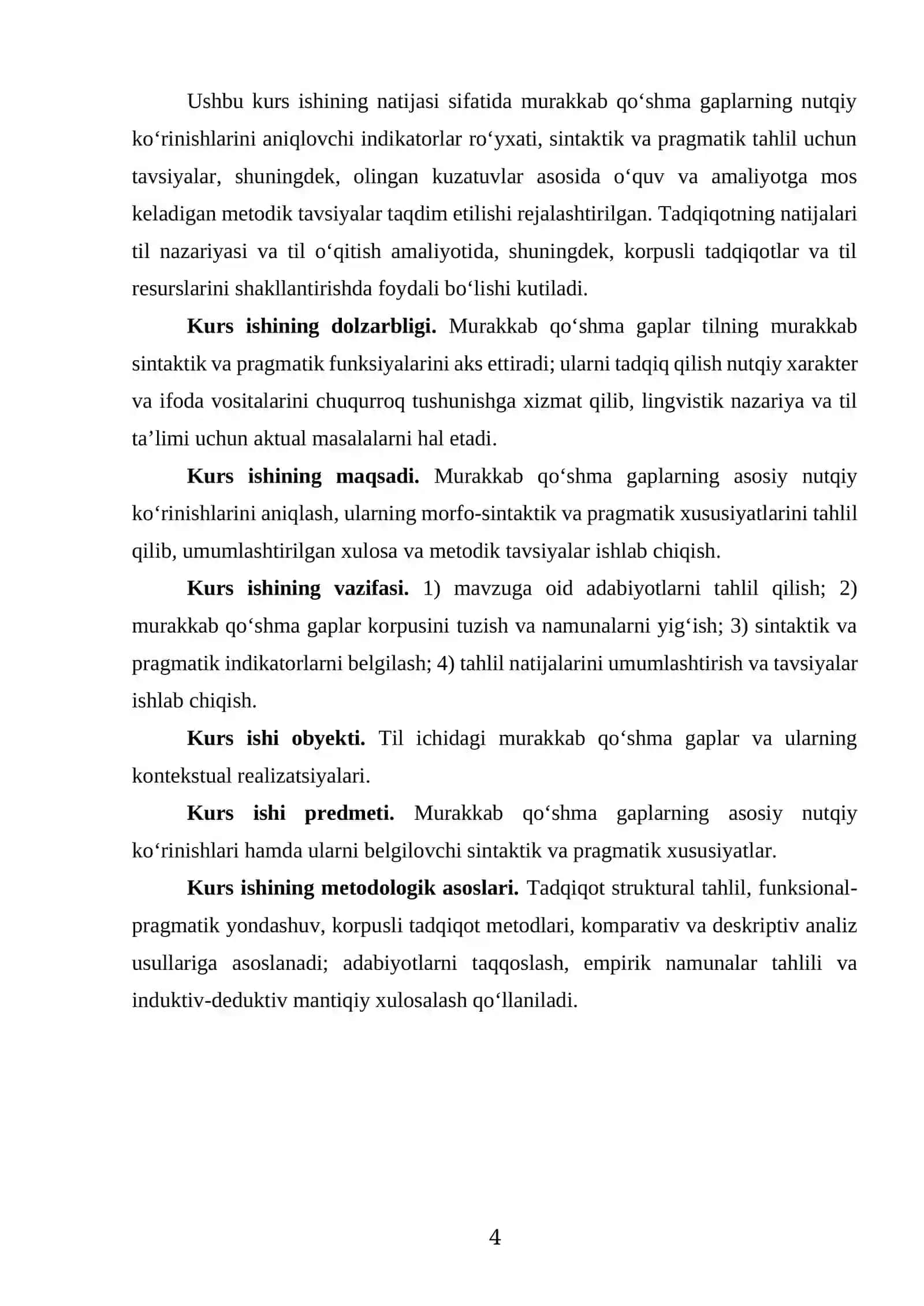 “MURAKKAB QOʻSHMA GAPLAR, ULARNING ASOSIY NUTQIY KOʻRINISHLARI” MAVZUSIDAGI KURS ISHI 4