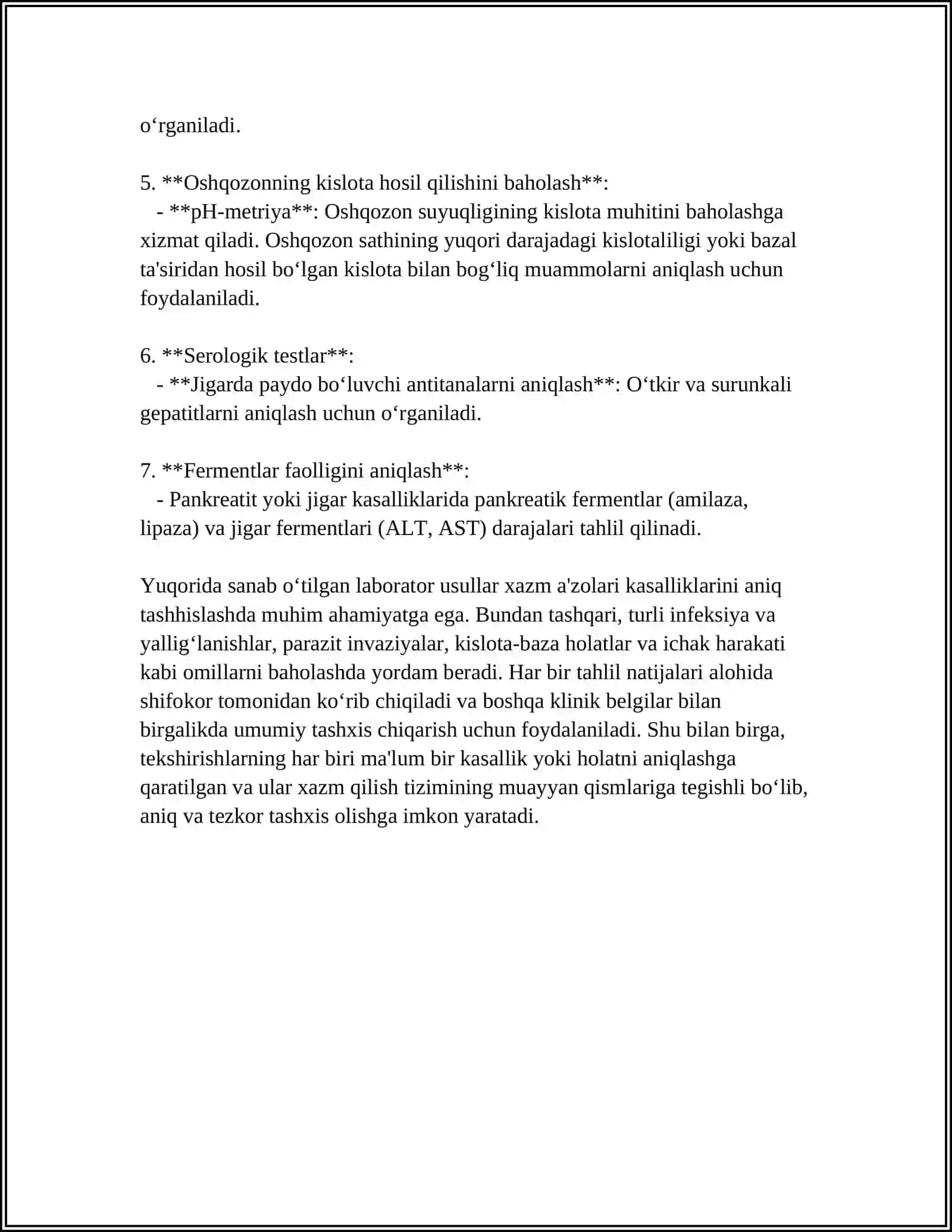 XAZM A'ZOLARINI ZAMONAVIY LABORATOR VA INSTRUMENTAL TEKSHIRISH USULLARI. ASOSIY KLINIK SINDROMLAR. SOG'LOM OVQATLANISH TAMOYILLARI 4