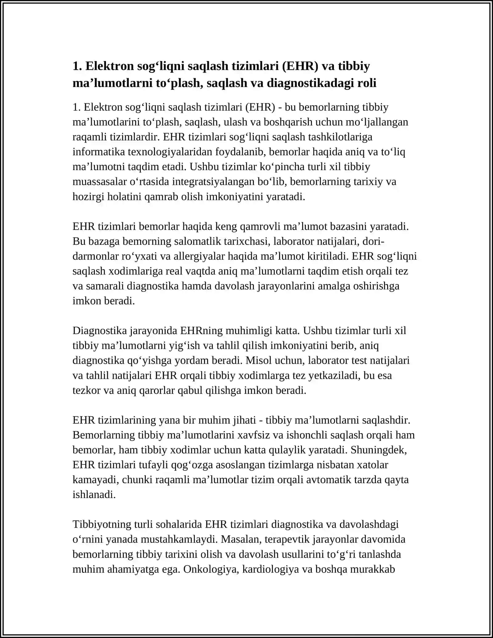 ZAMONAVIY AXBOROT TEXNOLOGIYALARIDAN BUGUNGI KUNDA FOYDALANISH DARAJASI ULARNI TIBBIYOTNING TURLI SOHALARIDA MAʼLUMOTLARNI TOʻPLASHDA DIAGNOSTIKA VA DAVOLASHDA TUTGAN OʻRNI 4