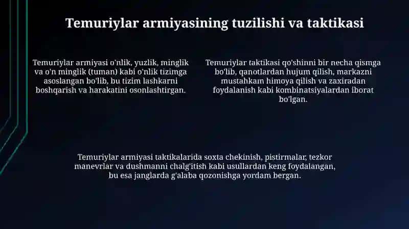 Amir Temurning harbiy ta'limotining asosiy tamoyillari 4