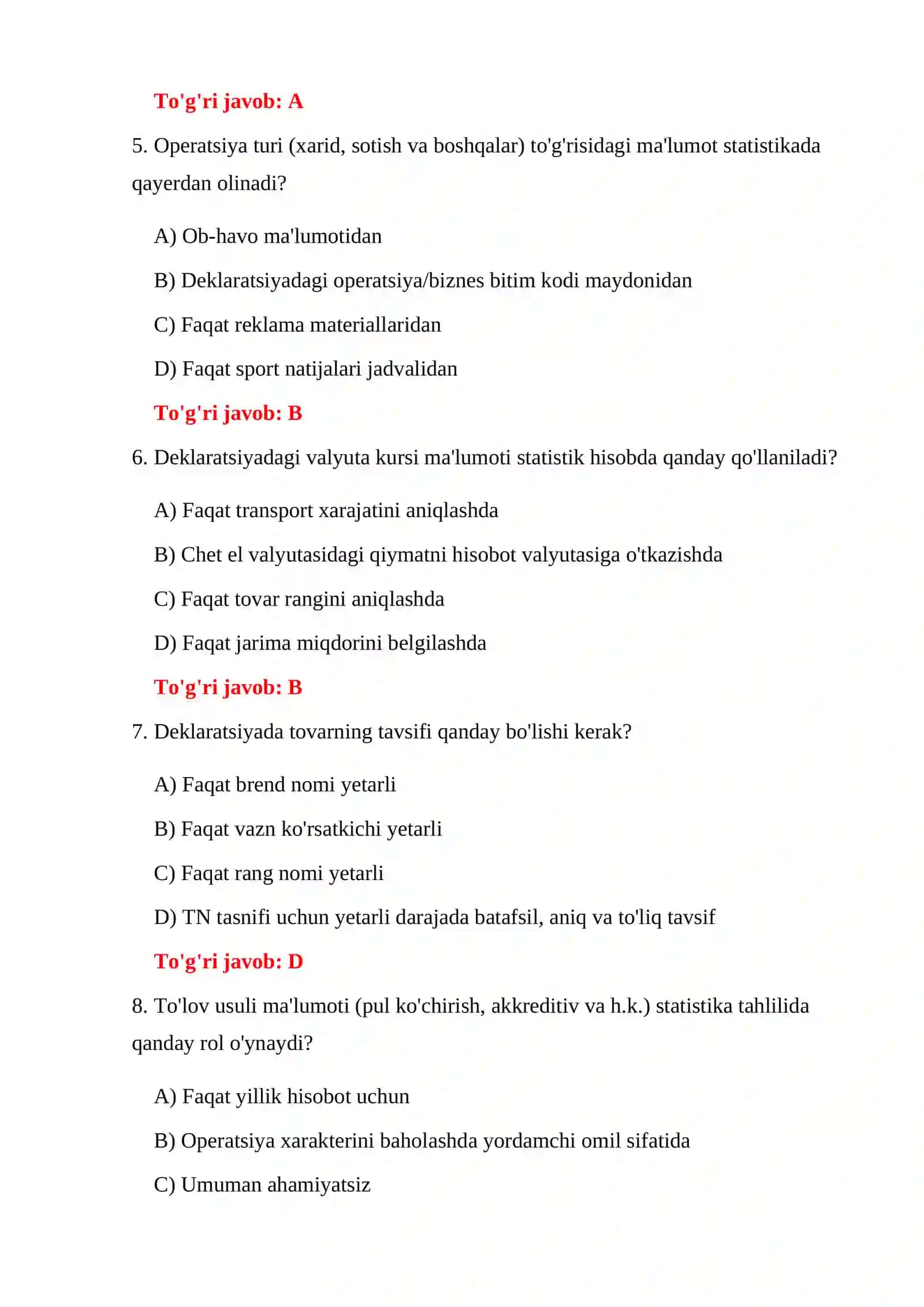 BOJXONA STATISTIK HISOBOTLARI TESTLARI 4