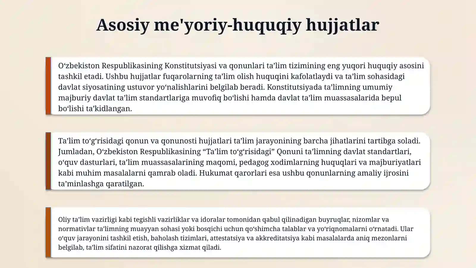 Mutaxasislik fanlarini o'qitish mazmunini belgilab beruvchi me'yoriy- huquqiy hujjatlar va o'quv standartlari tahlili mavzusida 4