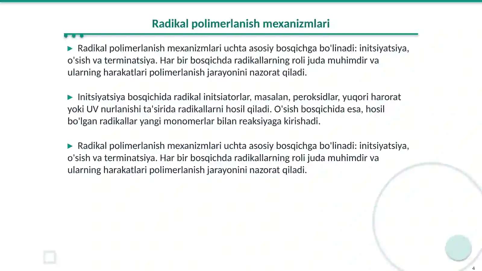 Kompleks radikal polimerlanish reaktsiyalari va kinetikasi 4