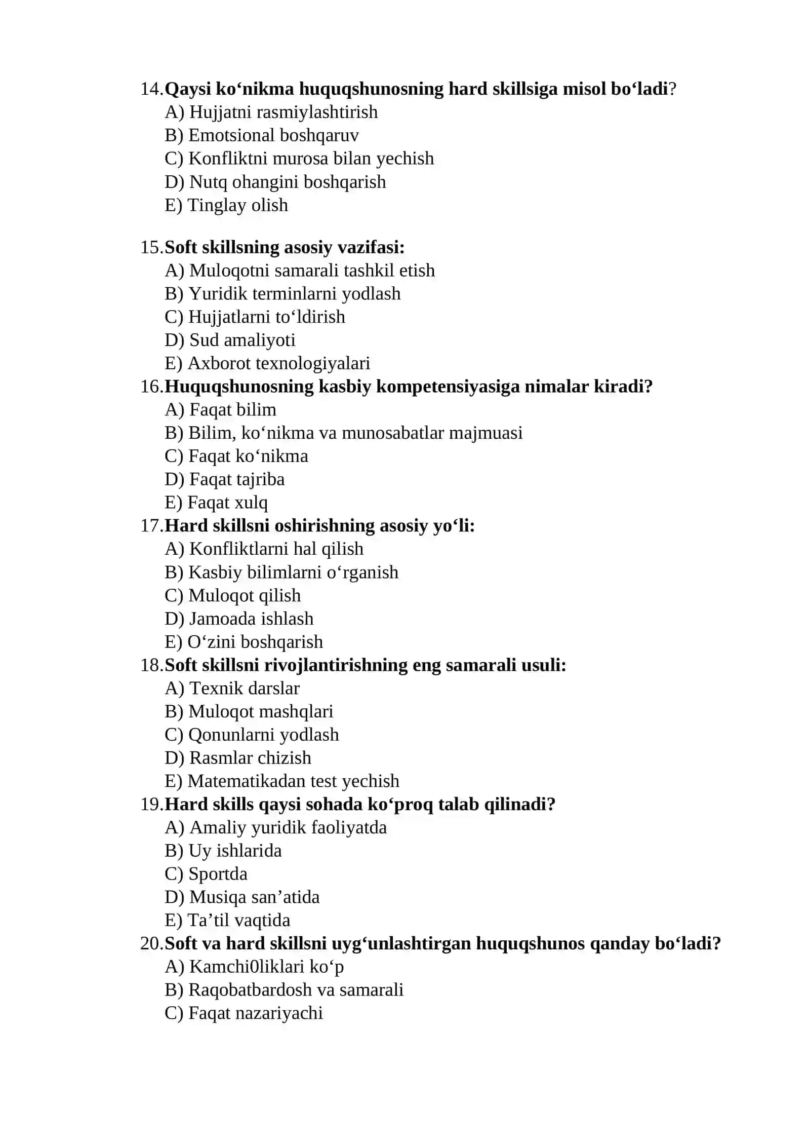 HUQUQIY KO’NIKMALAR VA METODOLOGIYA FANIDAN MAVZULASHTIRILGAN TESTLAR TO’PLAMI 4