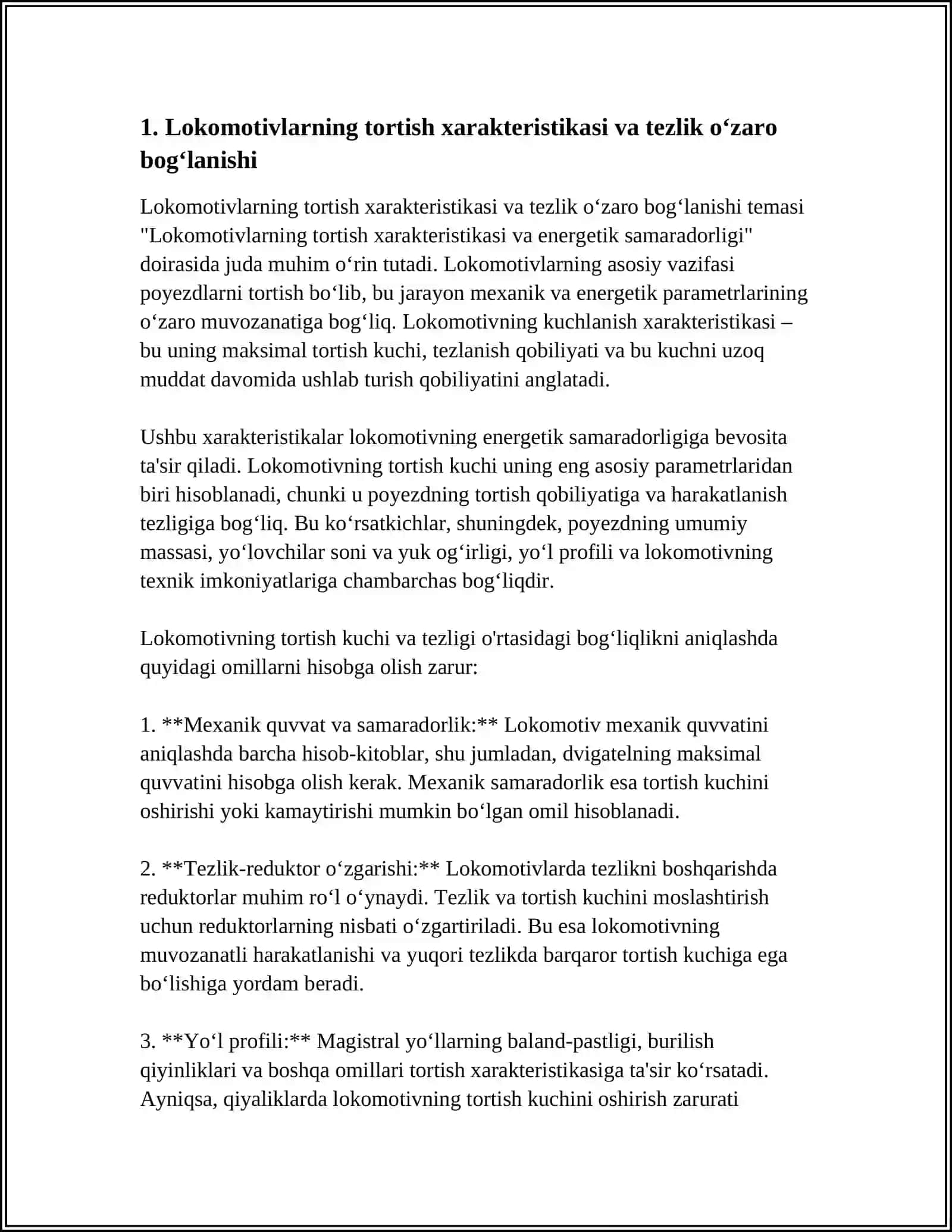 Lokomotivlarning tortish xarakteristikasi va energetik samaradorligi 4