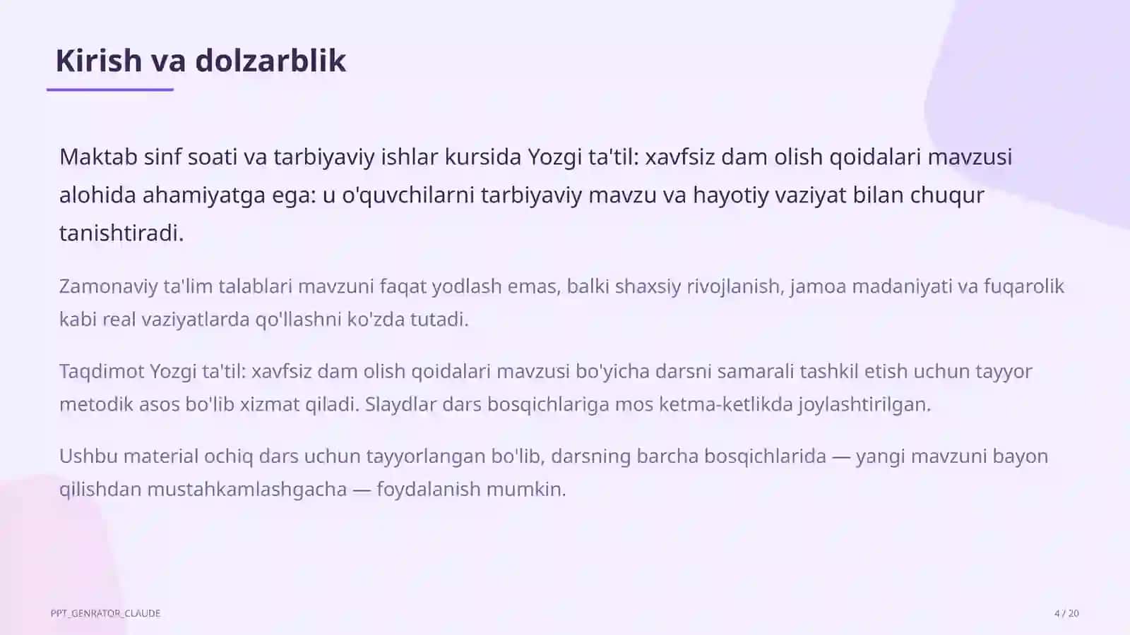Sinf soati va tarbiyaviy tadbirlar (1–11) — ochiq dars uchun 4