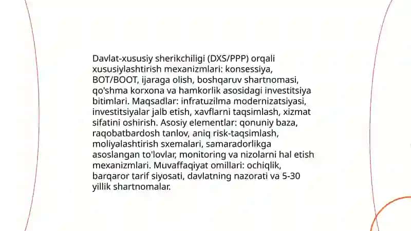 Xususiylashtirishda davlat va xususiy sektorlarni birlashtirish 4