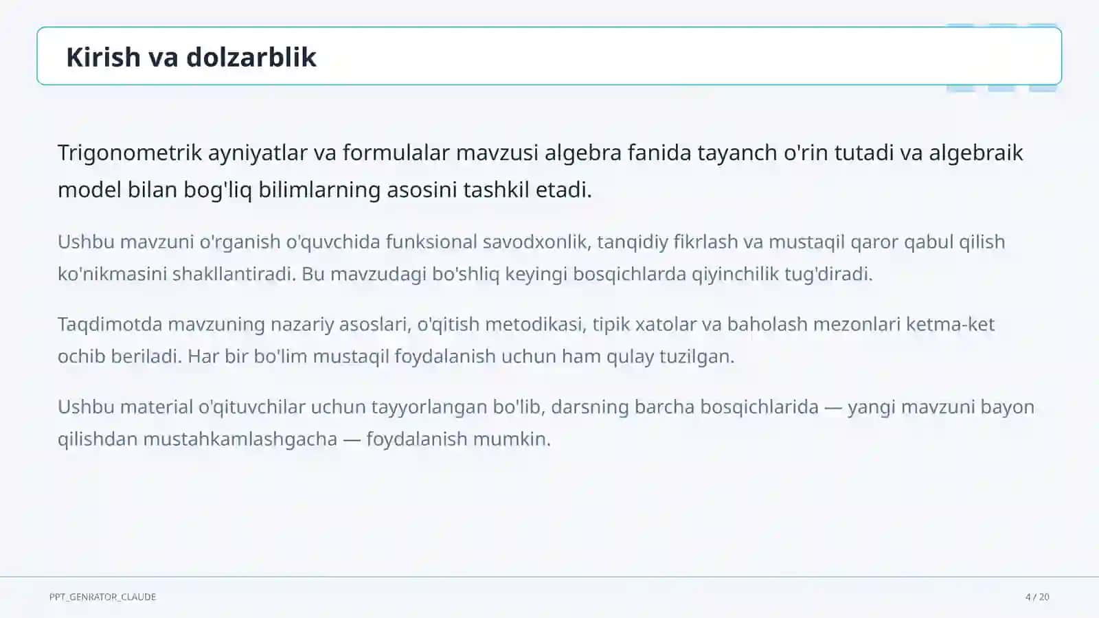 Trigonometrik ayniyatlar va formulalar (10-sinf) 4