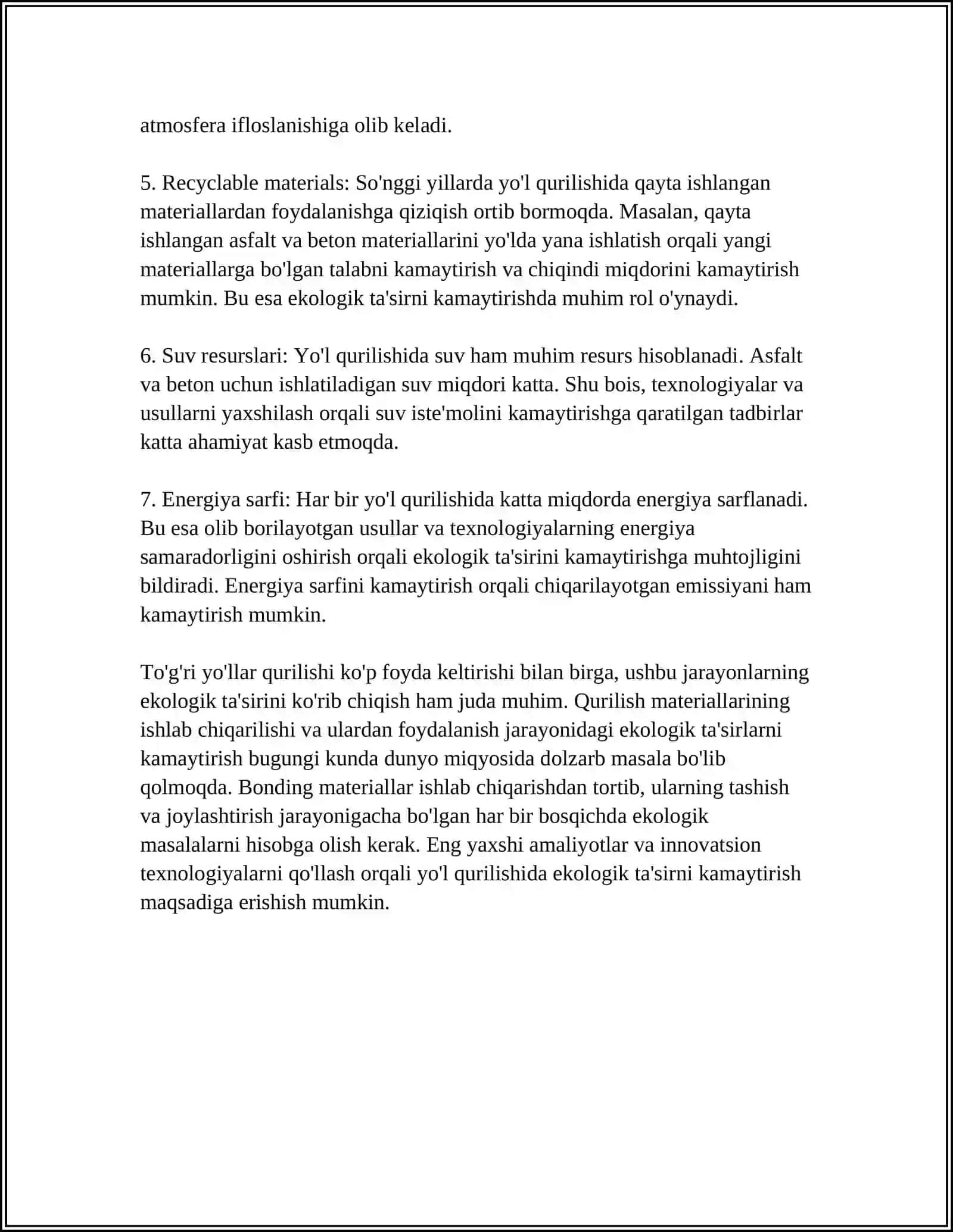 Yo'l qurilishida foydalaniladigan materiallar va ularning ekologik ta'siri 4