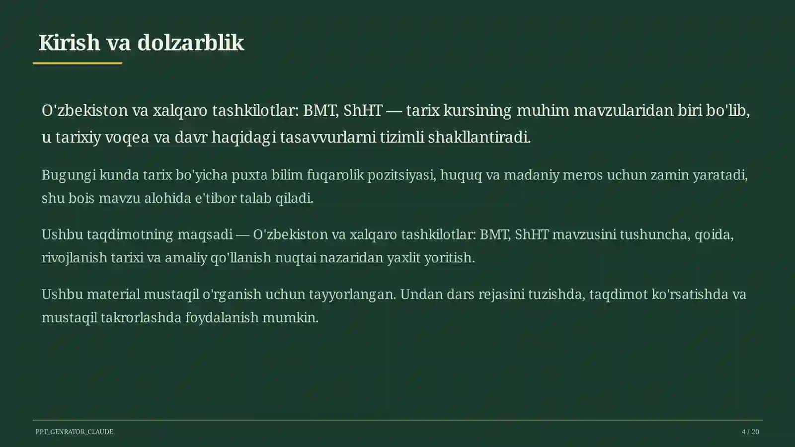 O'zbekiston va xalqaro tashkilotlar: BMT, ShHT (11-sinf) 4