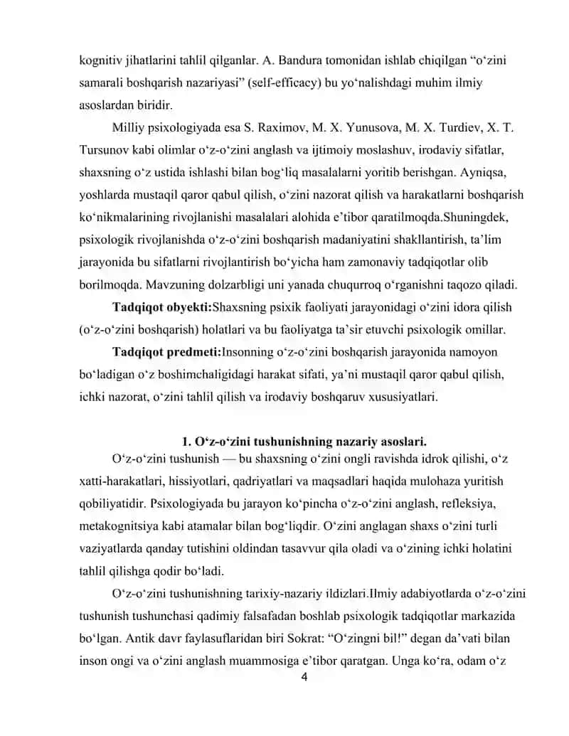 O‘z o‘zini boshqarish tushunchasi,insonning o‘z boshimchaligidagi harakati sifati. 4