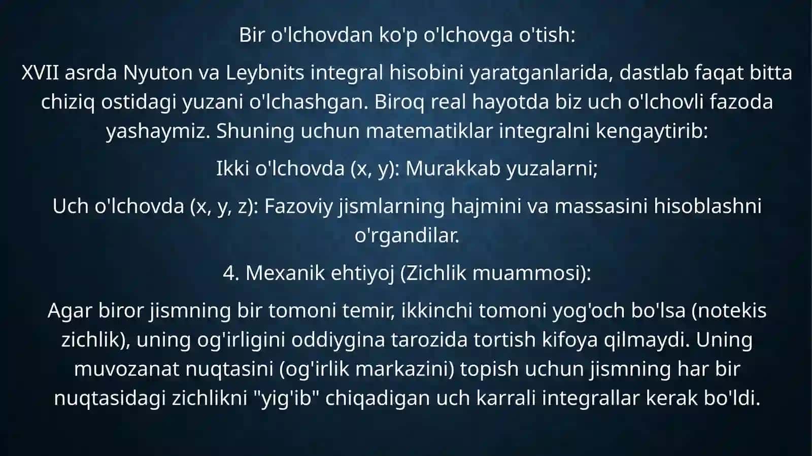 IKKI VA UCH O’CHOVLI INTEGRALLARNI GEOMETRIYA VA MEXANIKA MASALALARINI YECHISHGA TADBIQLARI 4