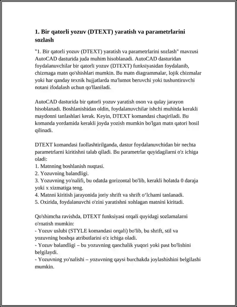 BIR VA KO'P QATORLI YOZUVLARNI CHIZMADA BAJARISH VA ULARNI O'ZGATIRISH IMKONIYATLARI. AUTOCAD DASTURIDA OʻLCHAM QO'YISH IMKONIYATLARI 4
