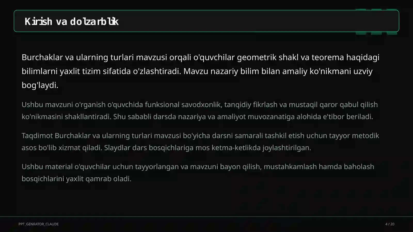 Burchaklar va ularning turlari (7-sinf) Geometriya (7– 11) 4