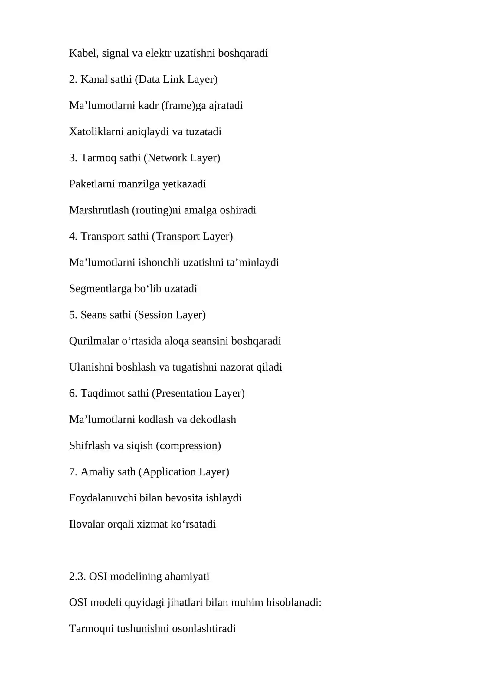 OSI modeli sathlarida foydalaniladigan protokollar orasidagi farqlar 4