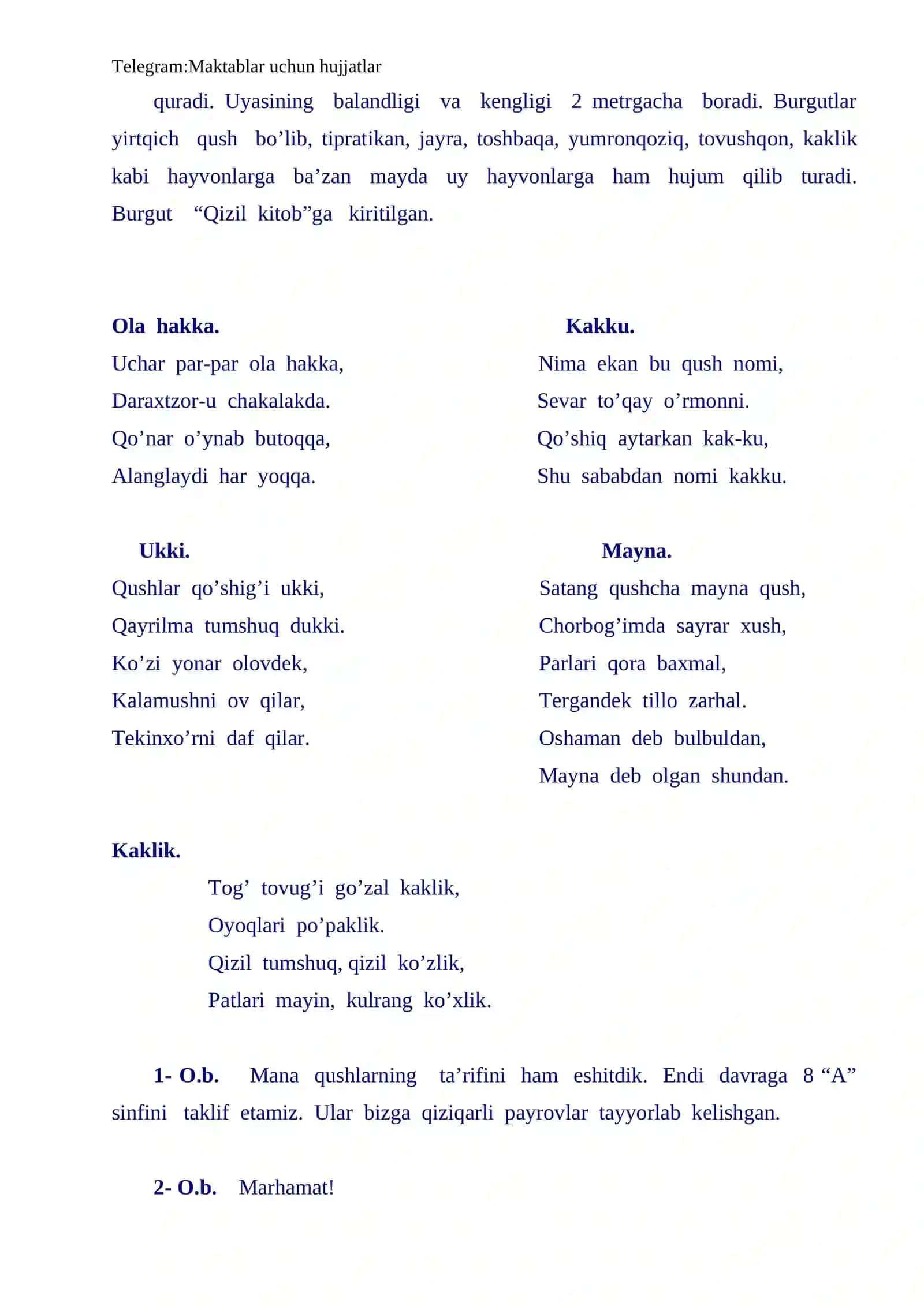 "Qushlar bayrami" tadbir senariysi 4