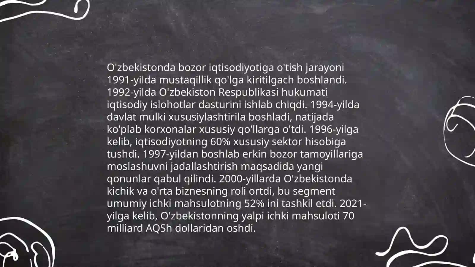 O’zbekistonda bozor iqtisodiyotiga o’tishning zaruriyati va bozor iqtisodiyotining hozirgi holati bo’yicha taqdimot tayyorlash 4