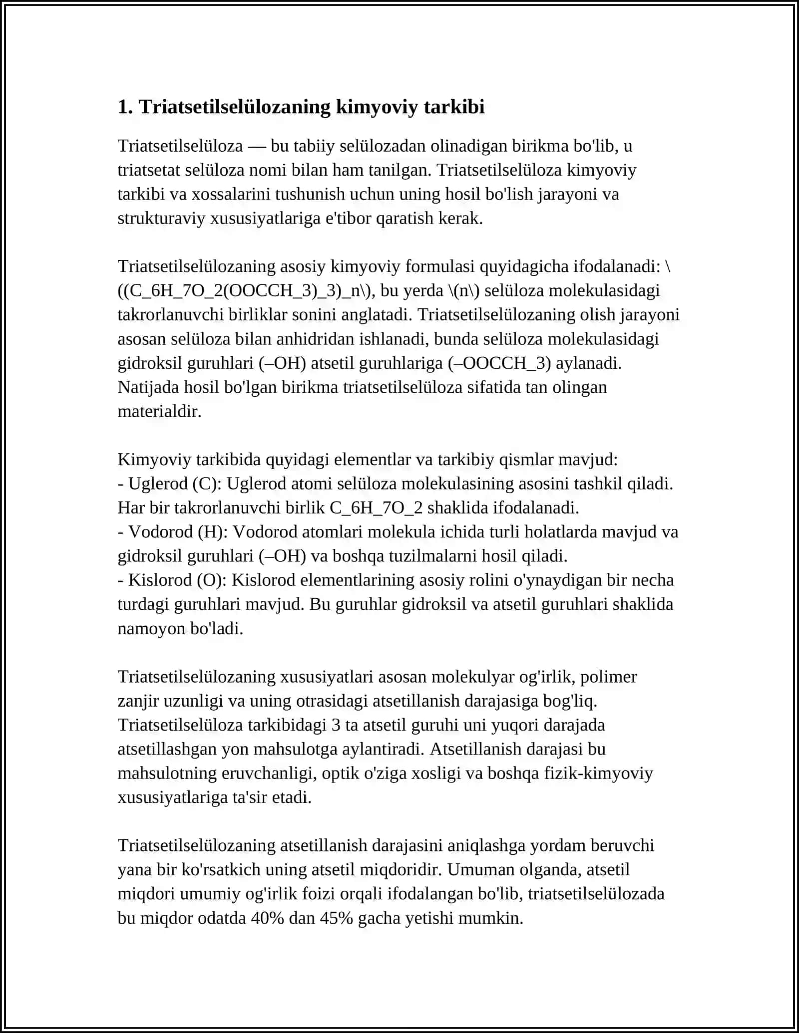 Triatsetilselülozaning kimyoviy tarkibi 4